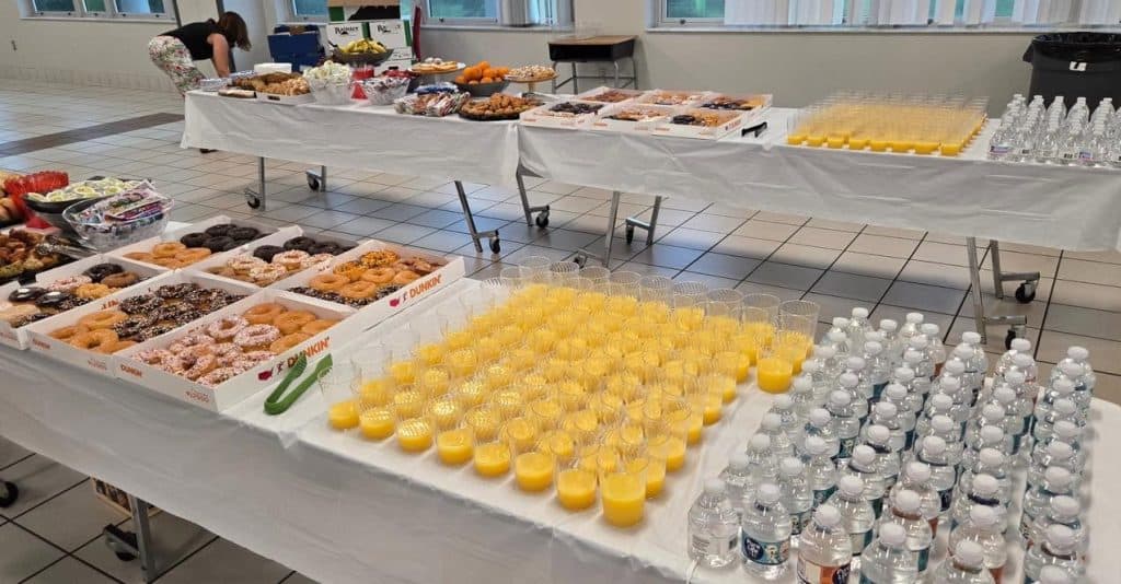 Riverview IB 9th Grade Breakfast with breakfast tables prepared for students